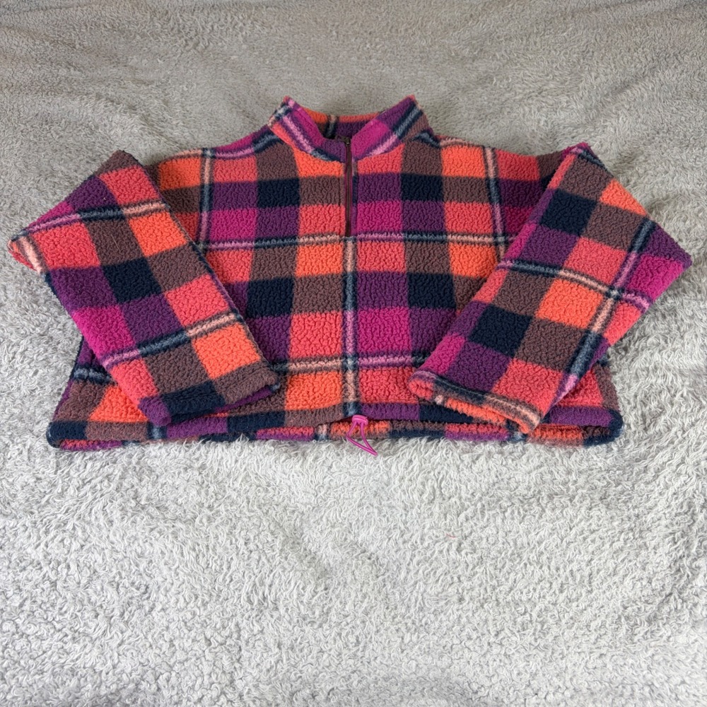 American Eagle Plaid Sherpa Fleece Quarter Zip Pullover Pink Orange Purple M